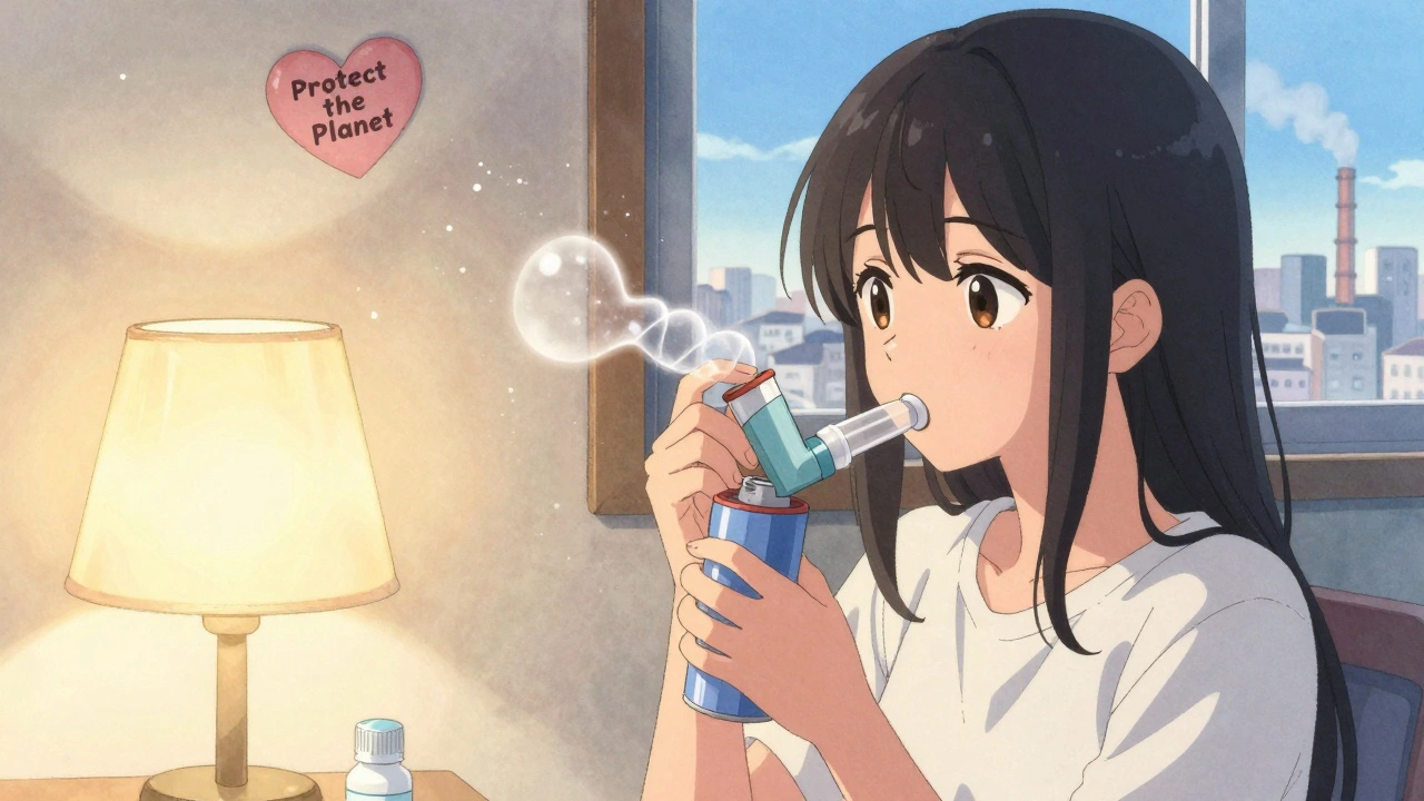 A teen separating an inhaler&#039;s plastic mouthpiece from its metal canister under lamplight.