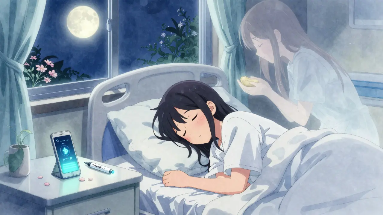 A teen sleeping peacefully in a hospital room with an epinephrine injector on the nightstand, moonlight and a glowing phone hinting at connected alerts.