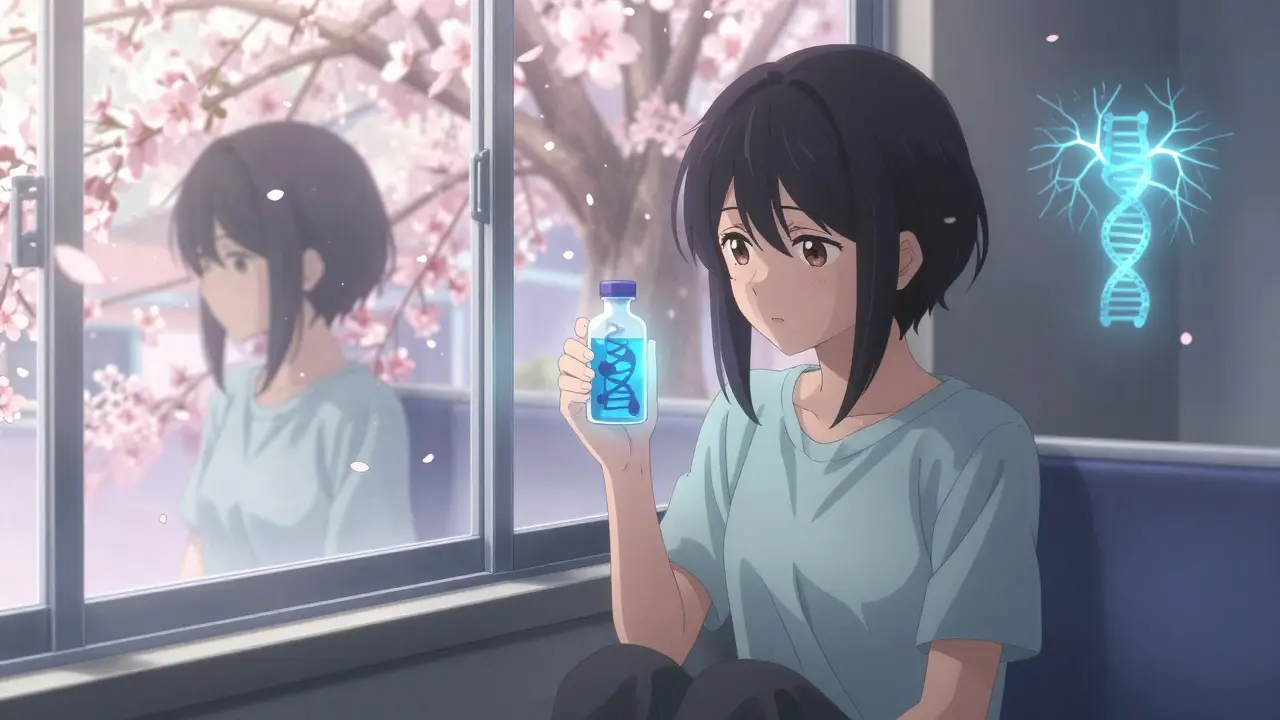 A teenager sits by a hospital window, holding a glowing vial as cherry blossoms fall and her reflection shows two versions of herself.