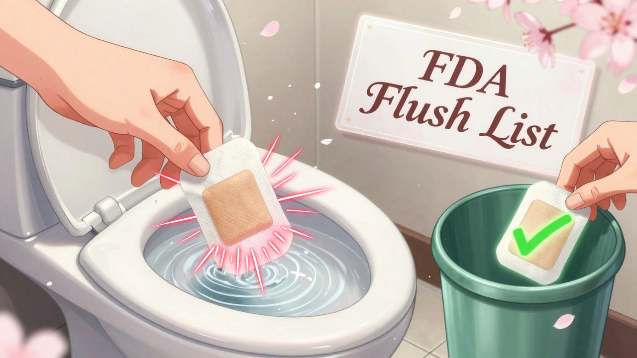 A used fentanyl patch being folded and flushed down a toilet with a glowing warning.