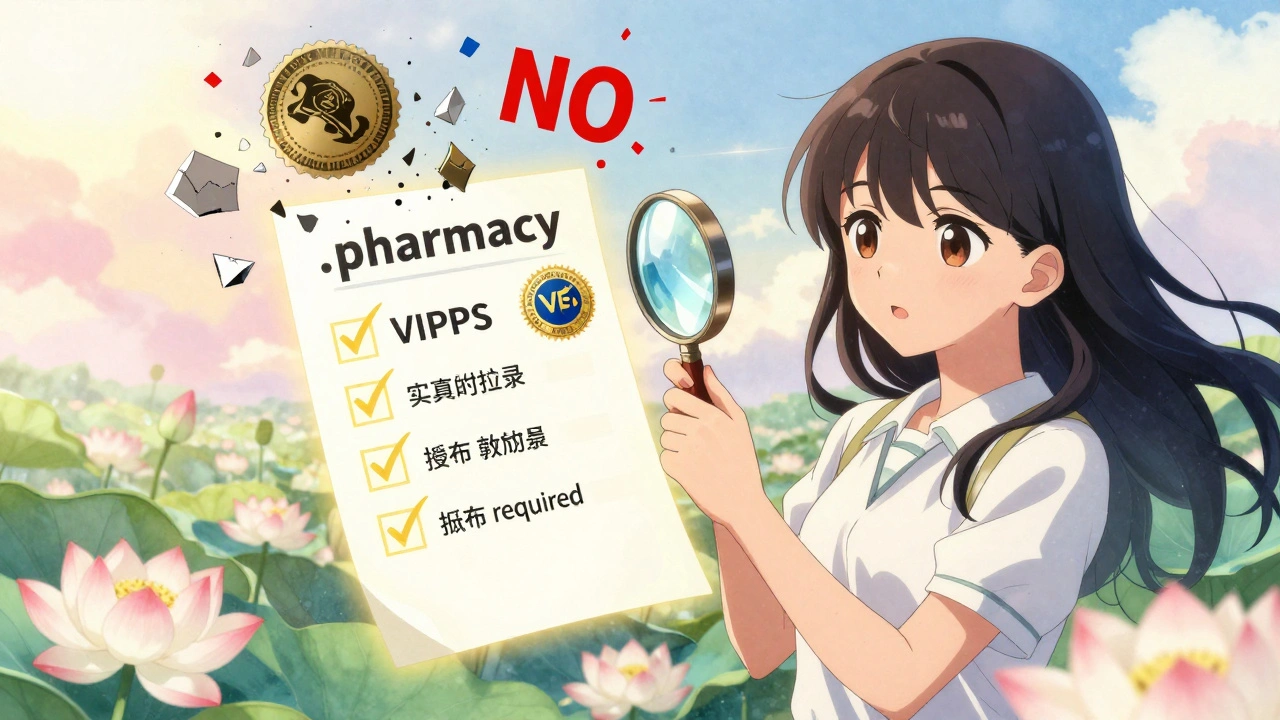 A young woman verifying an online pharmacy with a glowing checklist, fake seals crumbling as lotus flowers bloom around her.