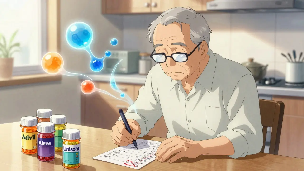 An elderly man surrounded by pill bottles, with chemical molecules swirling above him as he reviews a handwritten medication list.