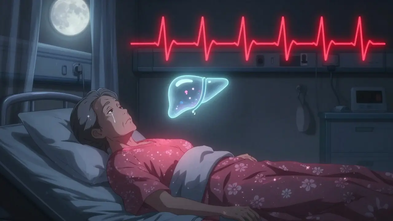An elderly woman in a hospital bed glows crimson as her heart monitor spikes, a molecule blocking liver enzymes above her.