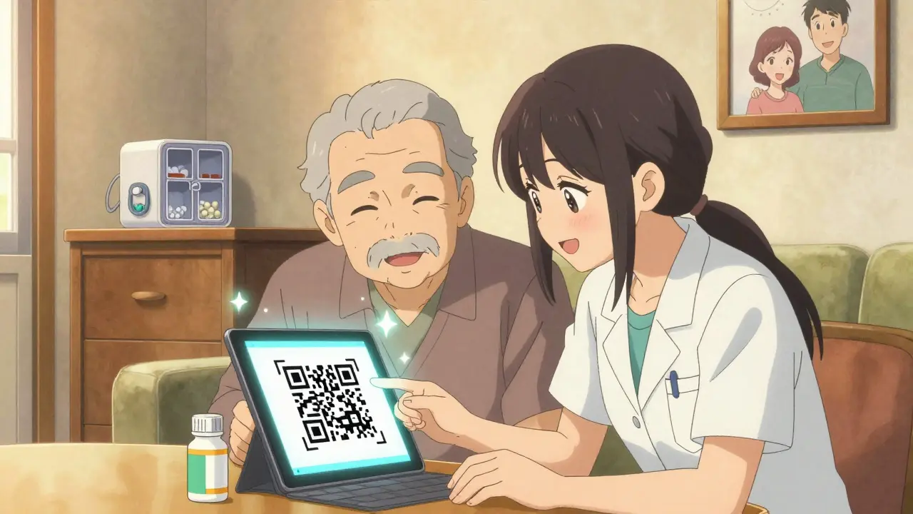 Caregiver and senior viewing a QR code video explanation of medication instructions.