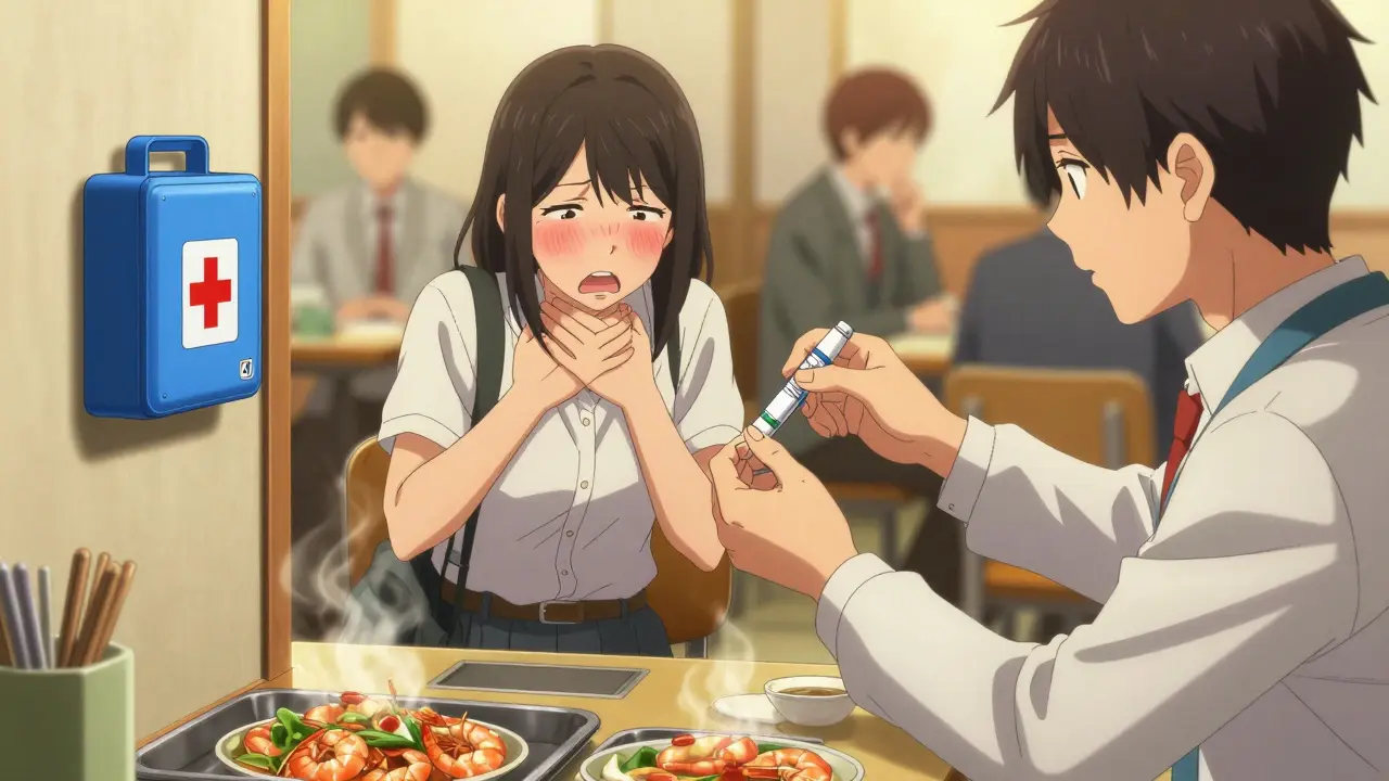 Coworker administering epinephrine to a colleague having trouble breathing in a cafeteria.