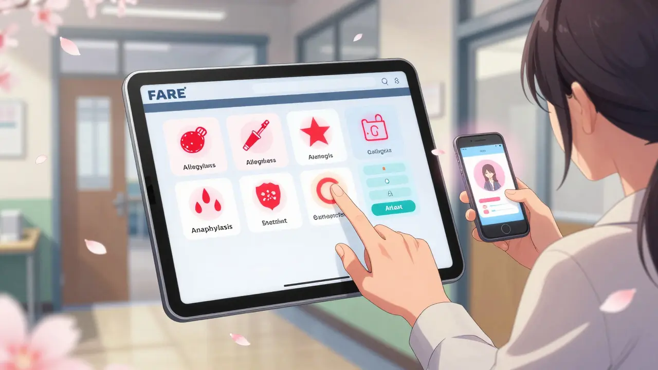 Digital anaphylaxis plan on tablet with glowing icons, parent and teacher connected across school and workplace.