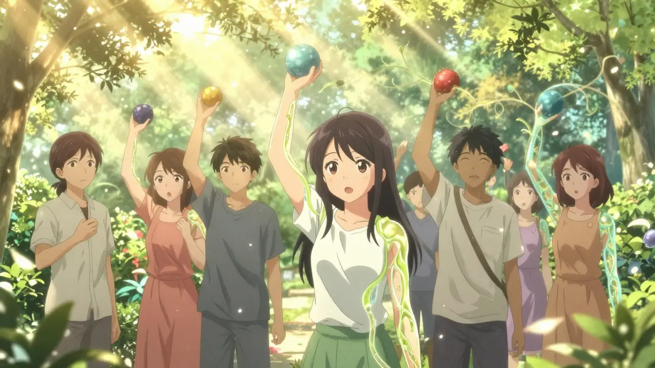 Diverse patients exercising in a garden with glowing bioengineered vessels rising from their arms like vines.