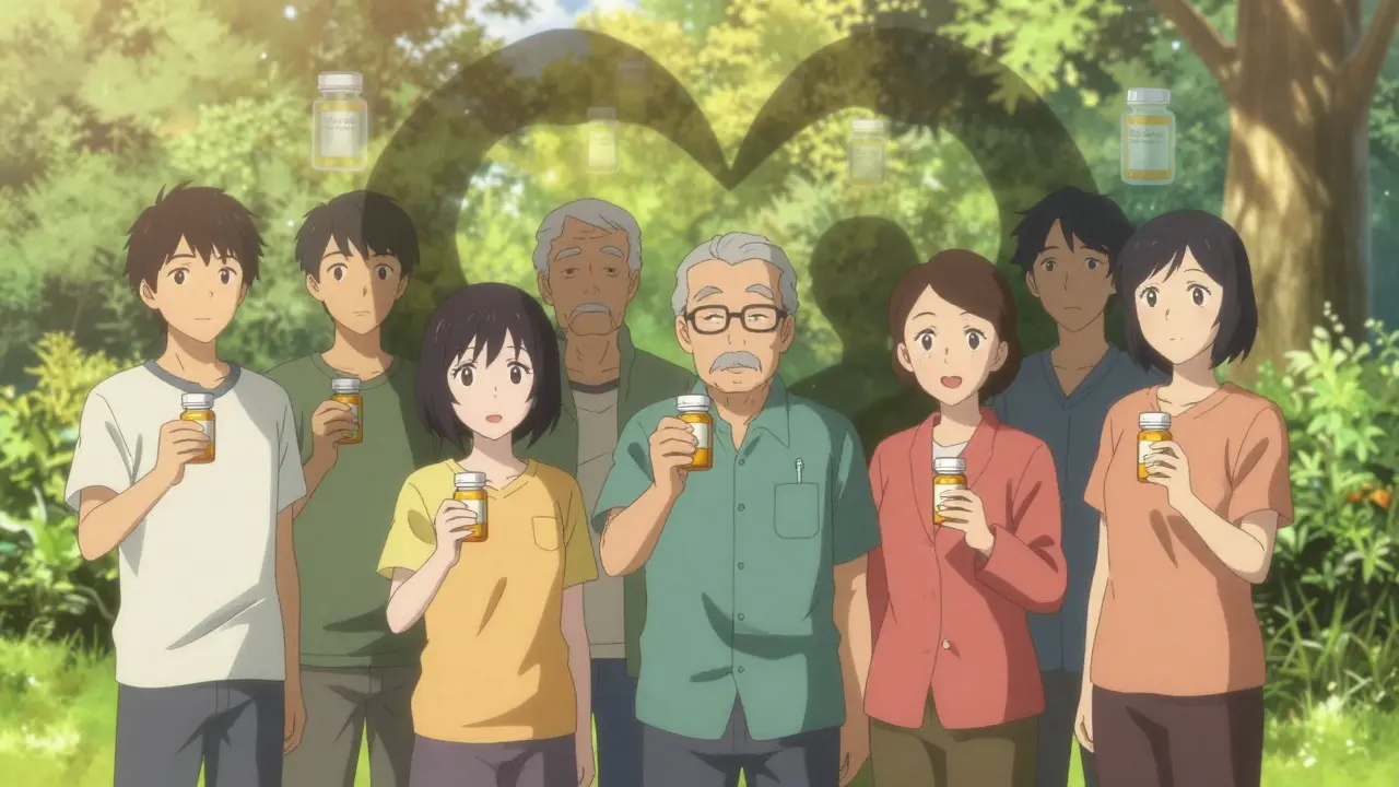Diverse patients hold identical generic pill bottles in a park, their shadows forming a heart beneath the original brand.