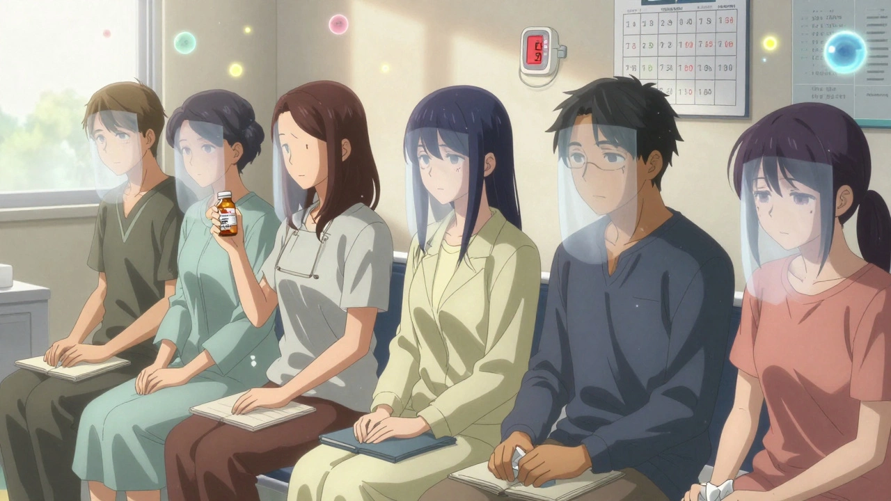 Diverse patients in a quiet clinic, each with half-blurred faces, holding medical journals and pill bottles.