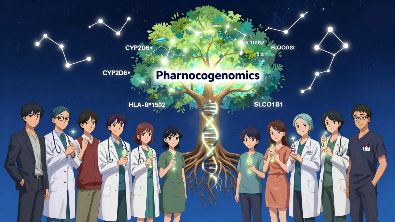Diverse patients stand under a starry sky, connected by glowing DNA strands to a tree representing pharmacogenomics.