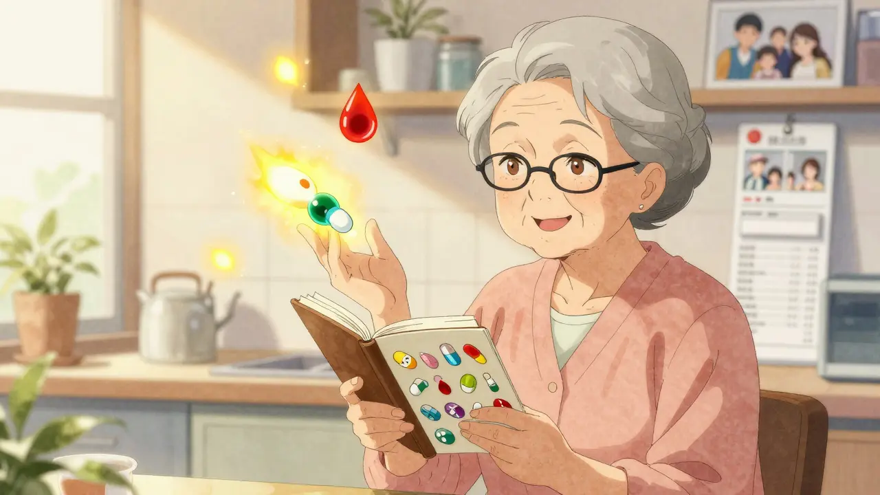 Elderly woman guiding friendly drug molecules in a warm kitchen setting