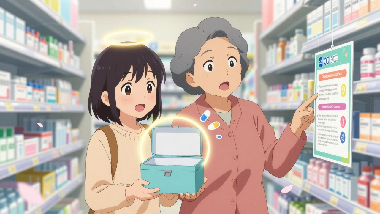 Grandmother receives a free medicine lockbox from a pharmacist, smiling with hope and understanding.