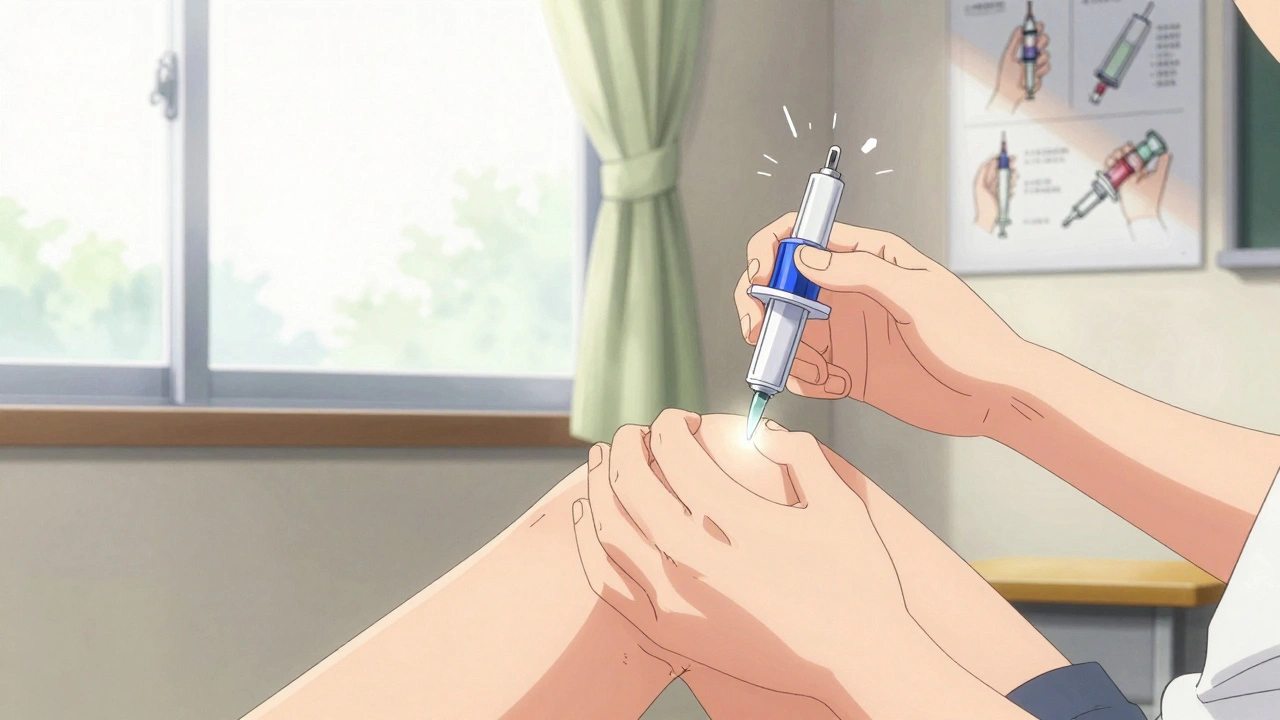 Hands practicing epinephrine injection technique on a thigh with training device under classroom light.