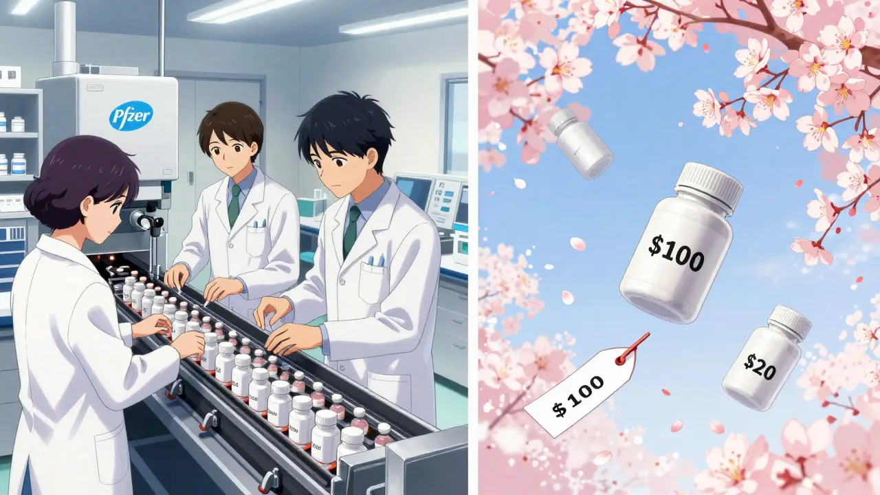 Identical pills made on the same production line, packaged as both brand and generic, with a falling price tag.