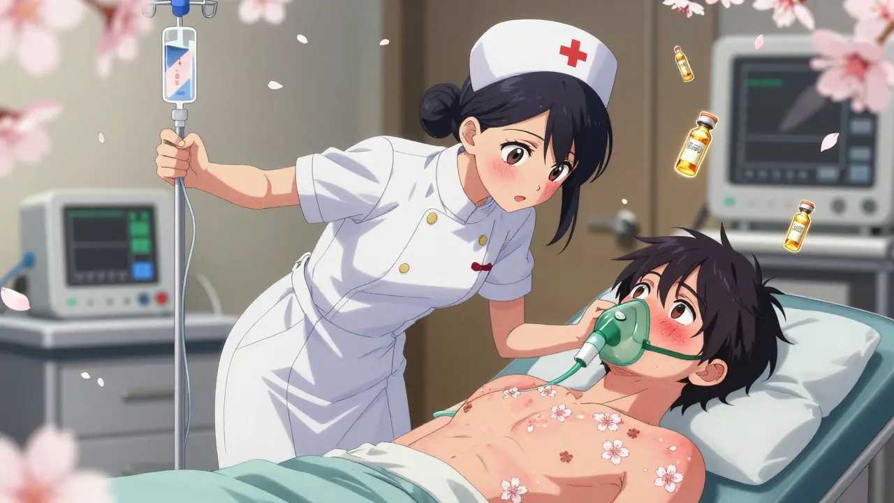 Nurse stopping chemo infusion as patient shows signs of severe allergic reaction with flushed skin and hives.