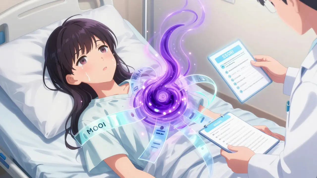 Patient surrounded by dangerous drug ribbons merging into a purple vortex