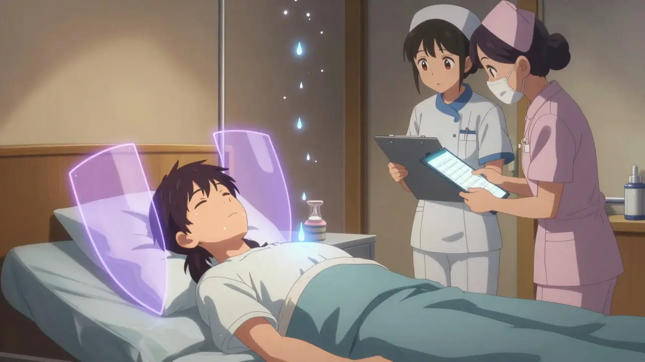 Patient undergoing desensitization therapy with glowing drug droplets and protective light shields.