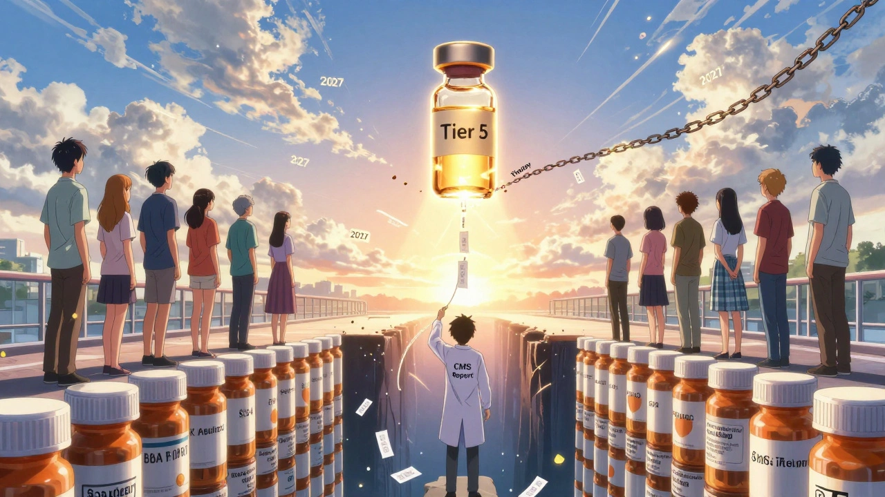Patients on a bridge of prescriptions looking toward sunlight as a biosimilar vial dissolves cost barriers.