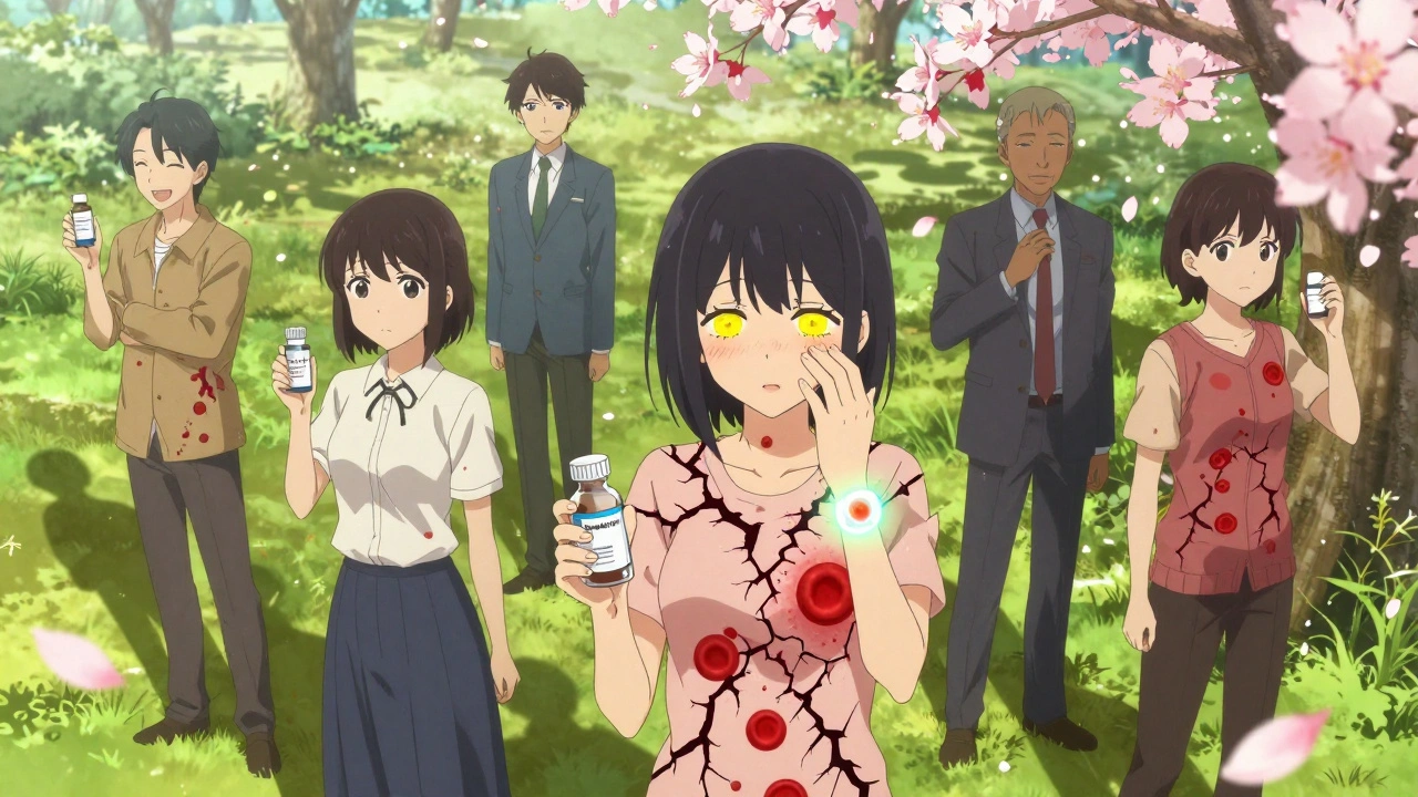 People holding medication bottles, their shadows cracking as red blood cells dissolve, cherry blossoms turning crimson around them.