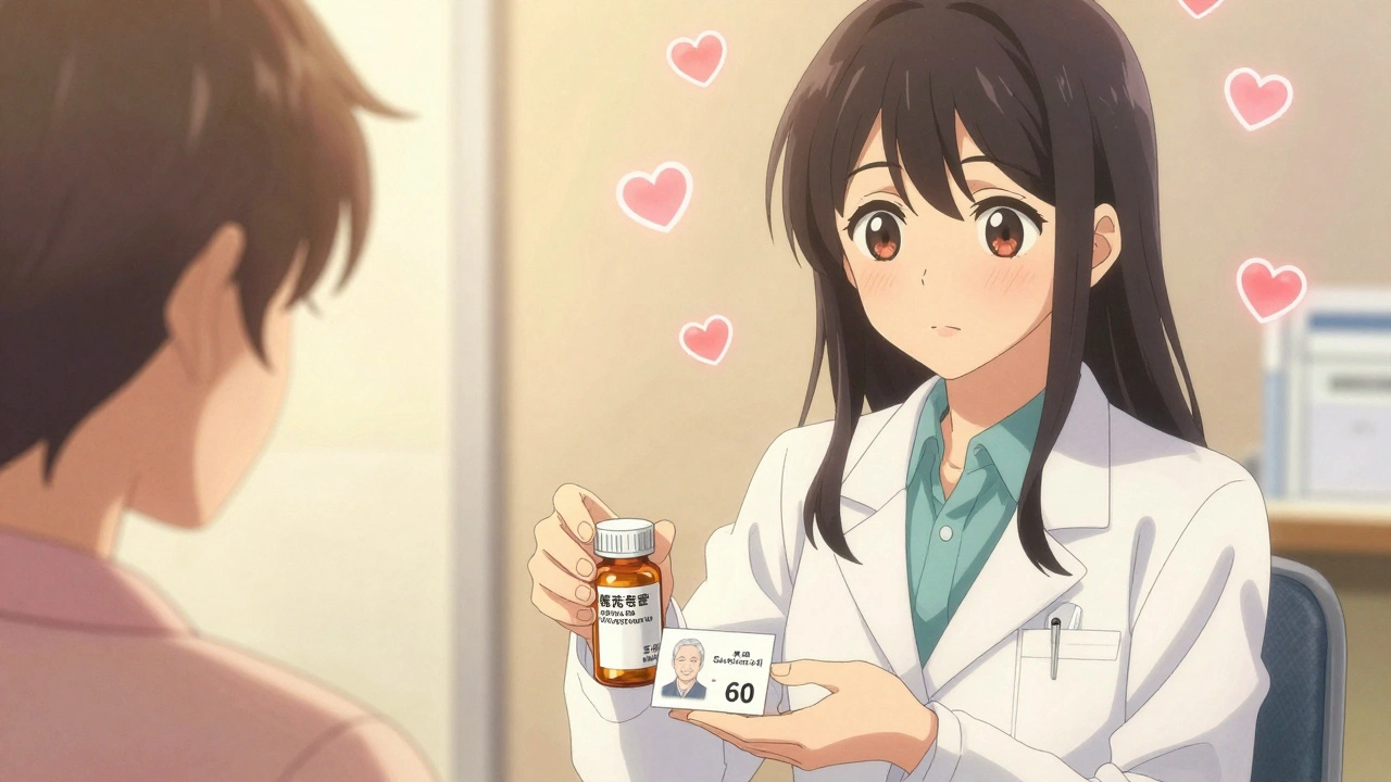 Pharmacist handing patient a generic pill bottle with a photo card of a happy senior who switched.