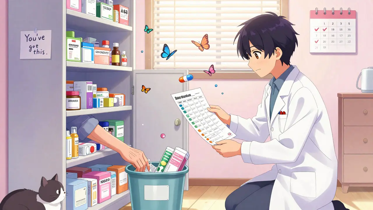 Pharmacist helping senior clean out old meds, with pill icons turning into butterflies.