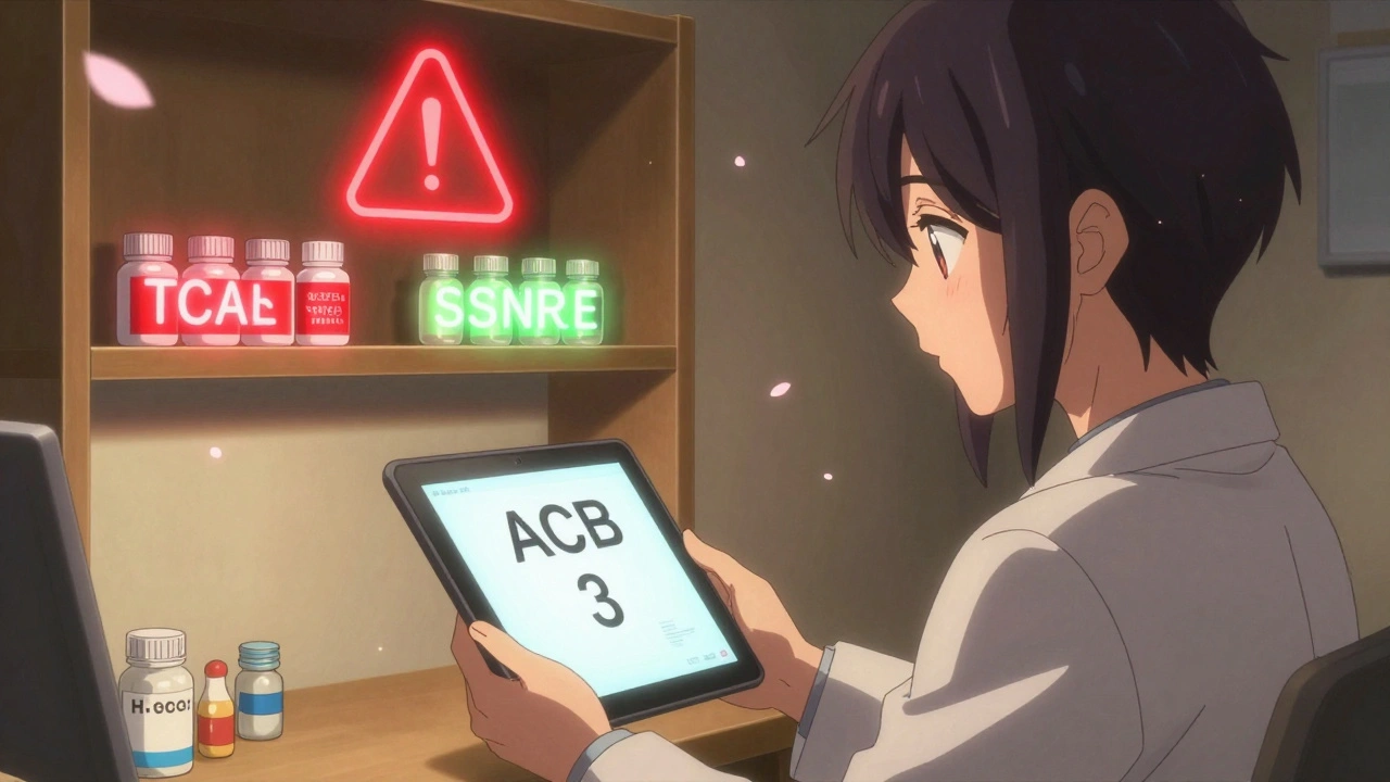 Psychiatrist showing a patient an ACB score tablet, with safer medications glowing softly beside dangerous ones.