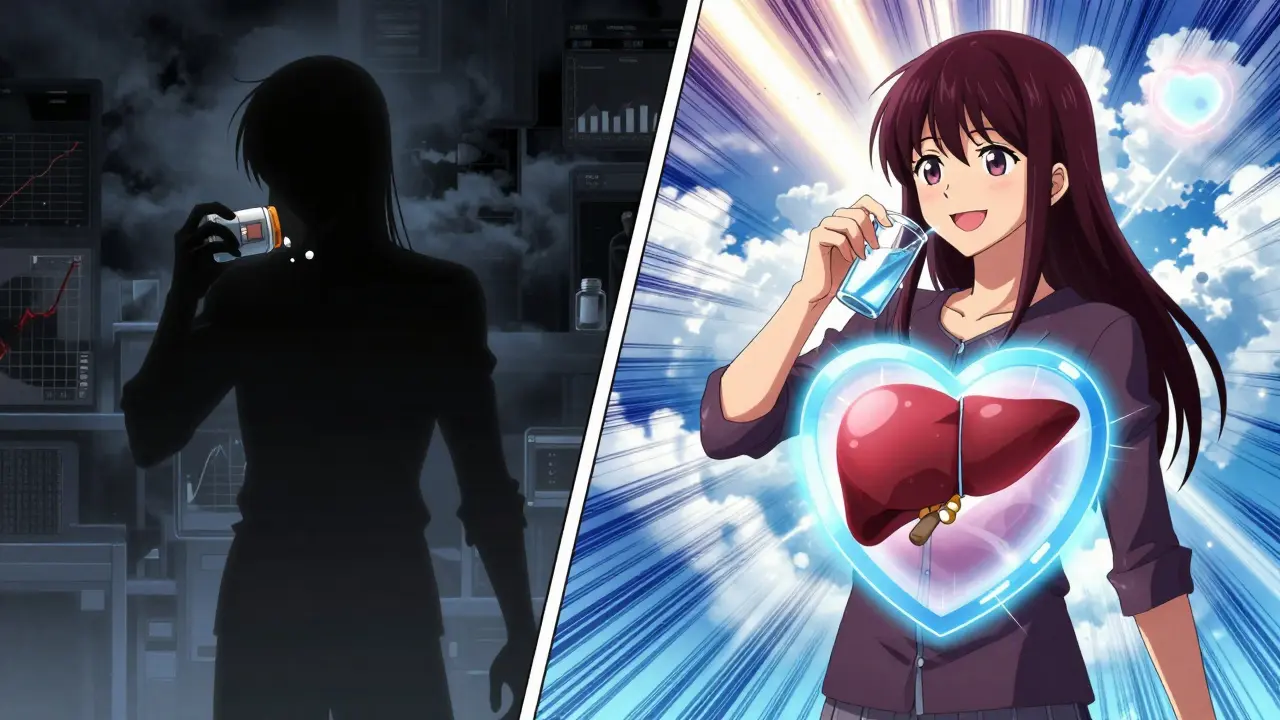 Split scene: one side shows fear of stopping statins, the other shows hope as a heart shield protects the liver in sunlight.