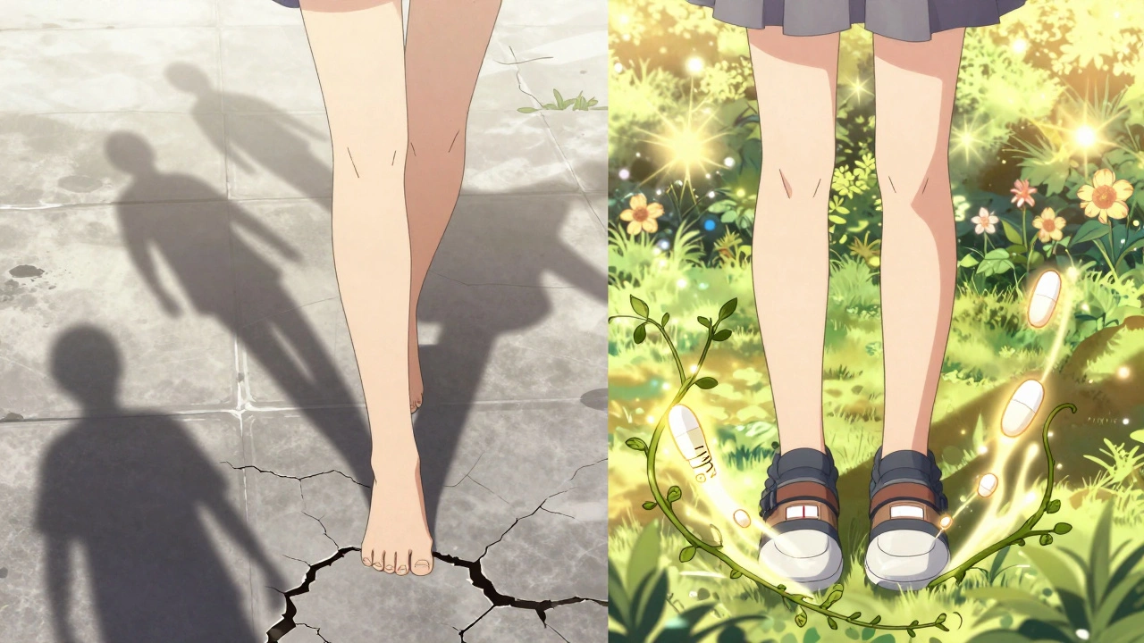 Split scene: one side shows shadowy amputation risks, the other shows healing with supportive shoes and flowers.