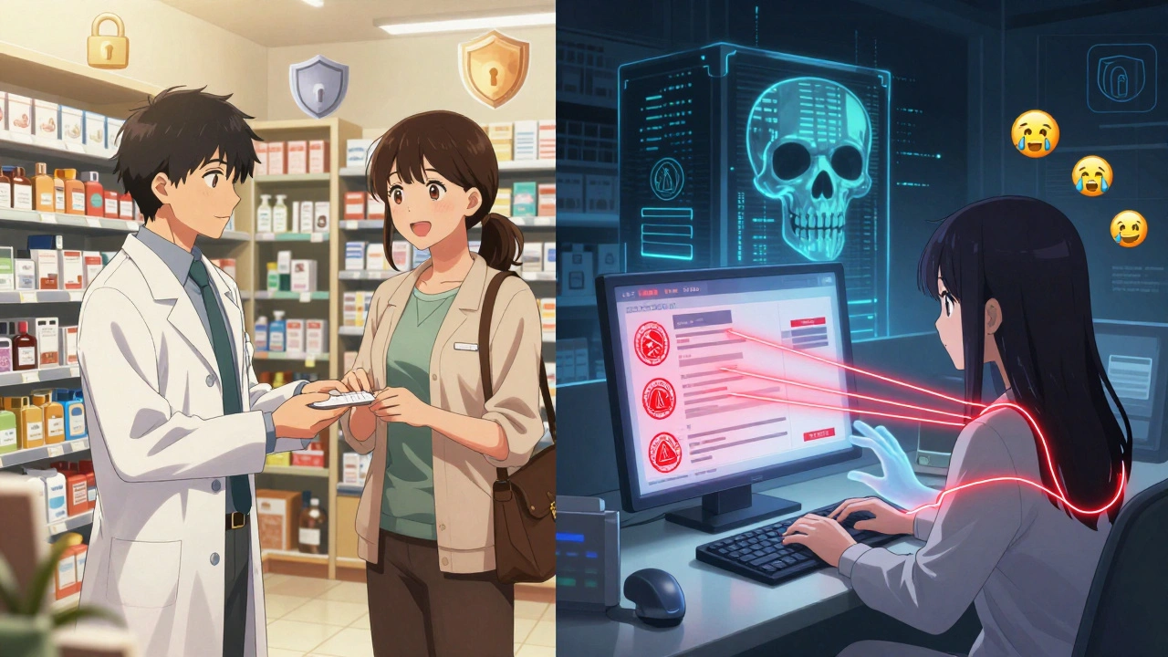 Split scene: safe in-person pharmacy vs. dangerous online site stealing personal data with ghostly hands and warning symbols.