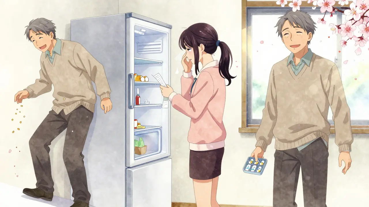 Three-panel scene: man falling with pills, woman crying over medicine bill, same man walking happily with few pills.