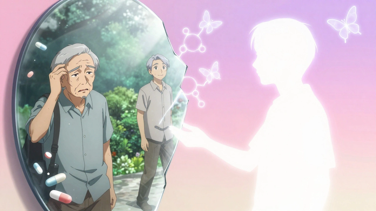 Three versions of a man in a mirror: confused, healed, and dissolving into light, representing recovery from TCA use.