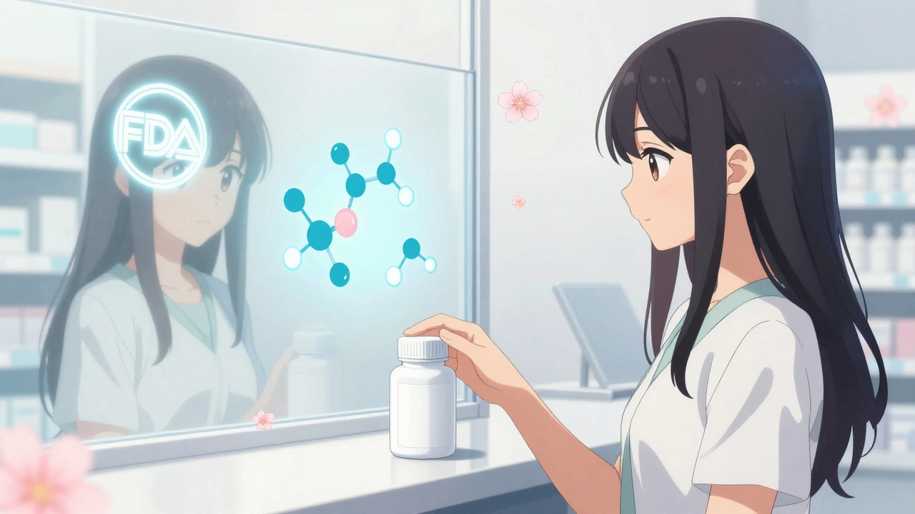 Young woman choosing generic medication with glowing FDA seal and molecular structure reflection.