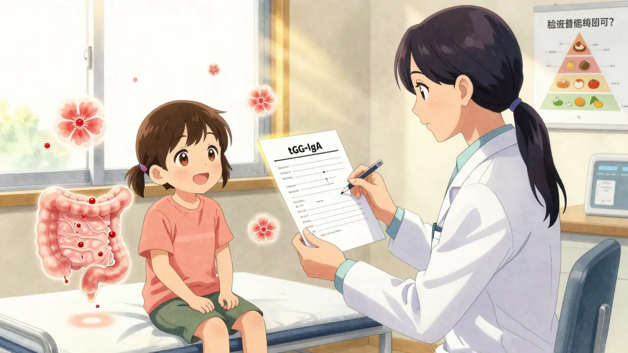 A child smiles as glowing villi regenerate in their intestine, with a doctor holding a positive blood test result.