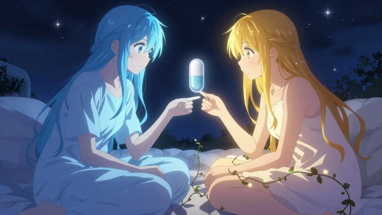 A couple lies in bed under stars, separated by glowing chemical auras, with a floating pill and vines symbolizing restored intimacy through medical solutions.