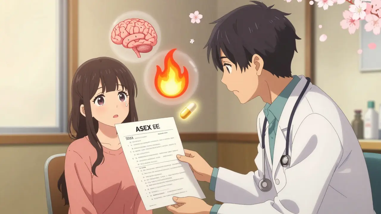 A doctor and patient discuss sexual side effects in a clinic, with glowing symbols of brain chemistry and a golden pill representing hope and alternatives.