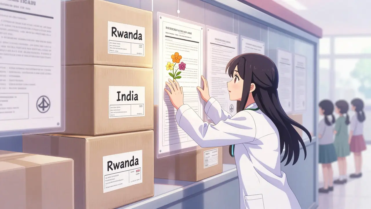 A doctor reaches through a wall of legal documents to deliver generic medicines from India to Rwanda, flowers growing from her hands.