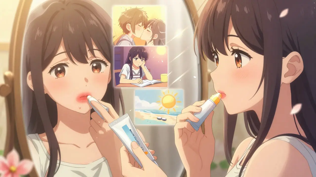 A girl applying lip balm and sunscreen, her healed lip reflected in a mirror surrounded by memory petals.
