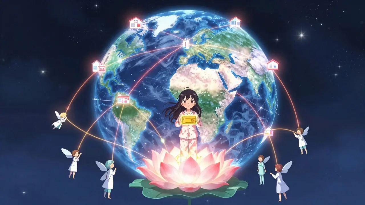 A girl holds a Yellow Card as global safety reports form a blooming lotus on a glowing globe.