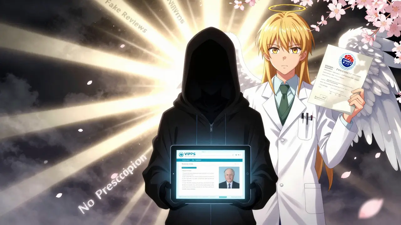 A girl stands between a shadowy scammer and a glowing guardian holding a VIPPS seal, symbolizing safe vs. dangerous online pharmacies.