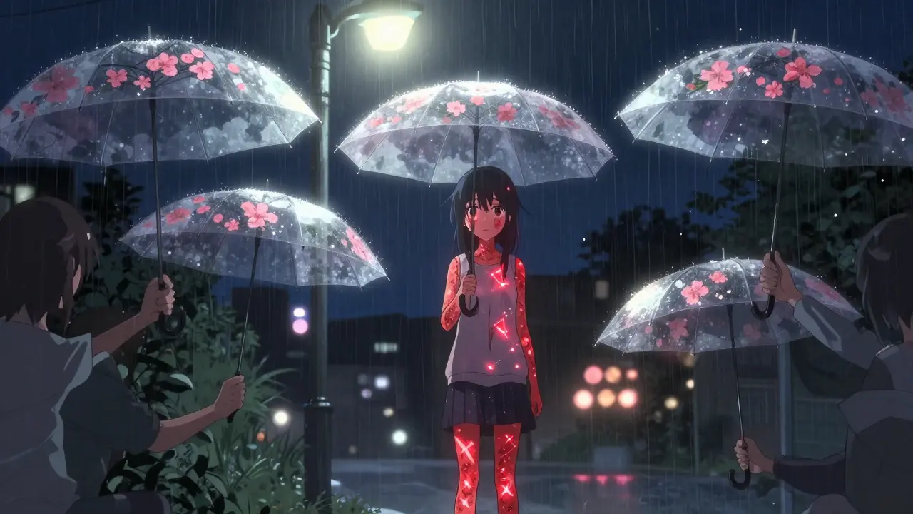 A girl under a rainy streetlamp with glowing hives, surrounded by protective flower-shaped umbrellas.