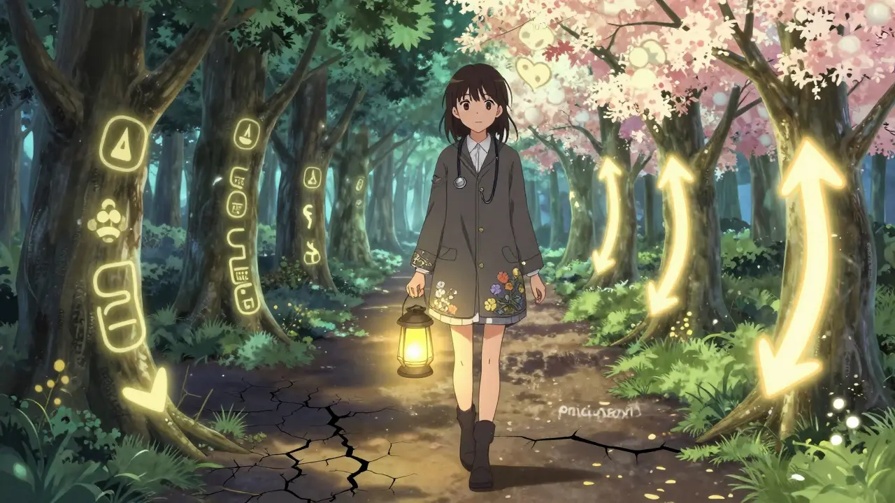 A girl walks through a symbolic forest where one path shows rising blood sugar, the other glows with falling HbA1c levels.