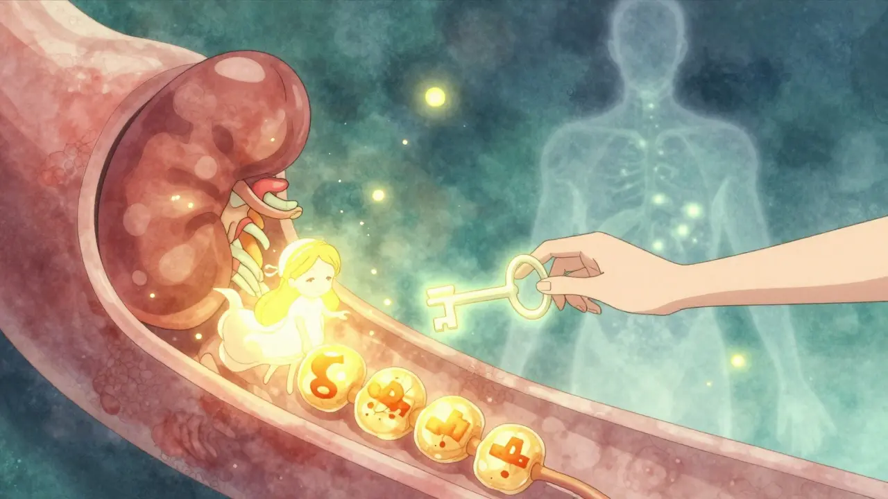 A glowing URAT1 transporter blocks uric acid in a dreamlike kidney scene, with probenecid pushing it forward like a key.