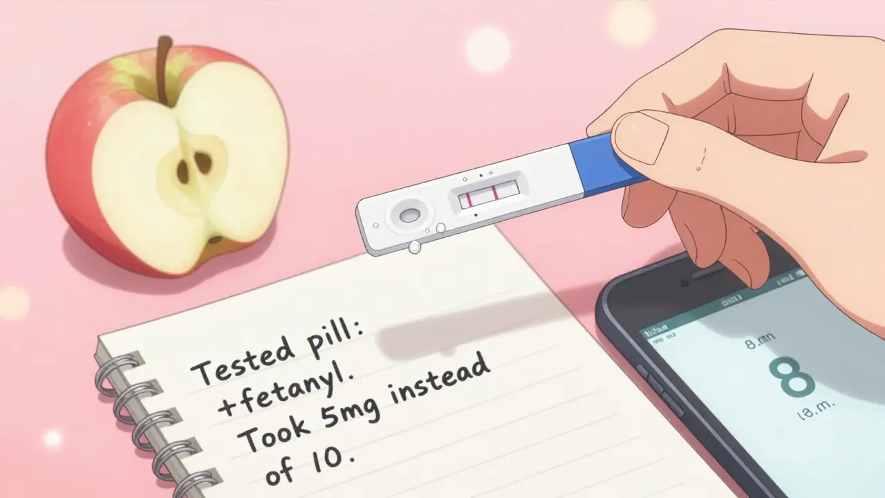 A hand holding a fentanyl test strip showing a positive result beside a handwritten log entry.