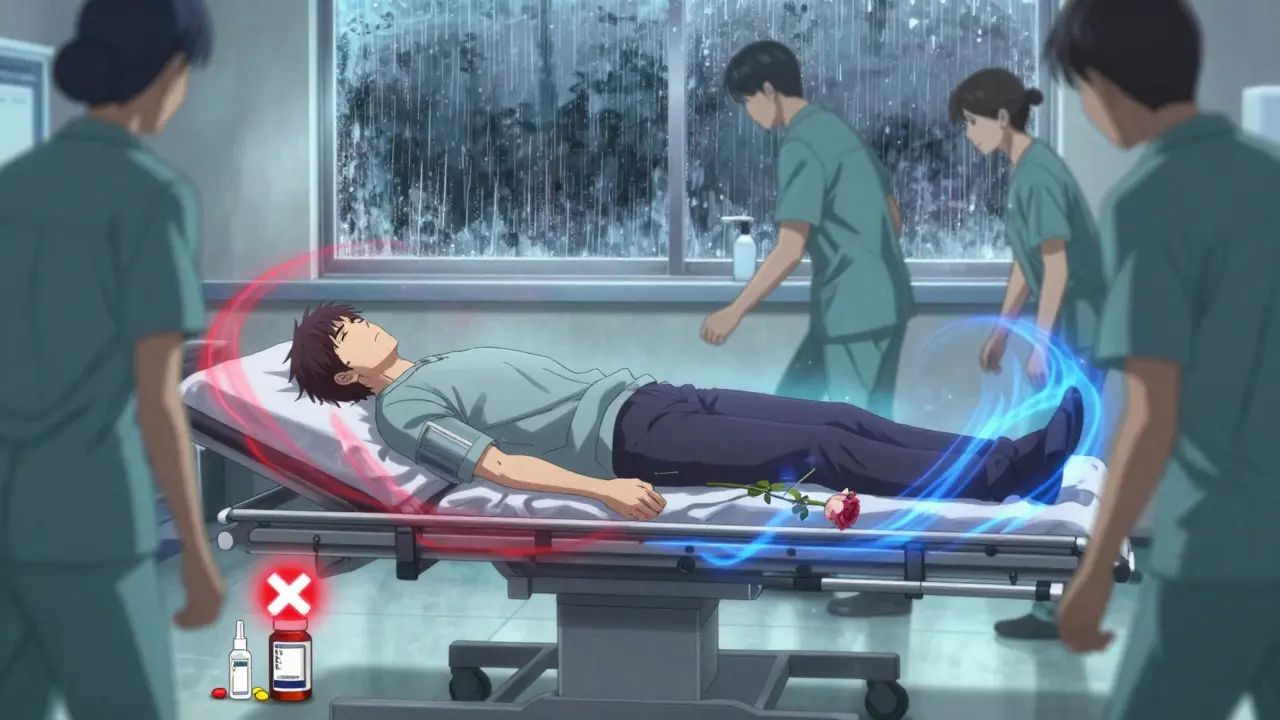 A man collapsing in an ER as blood pressure waves swirl around him and medical staff rush closer.