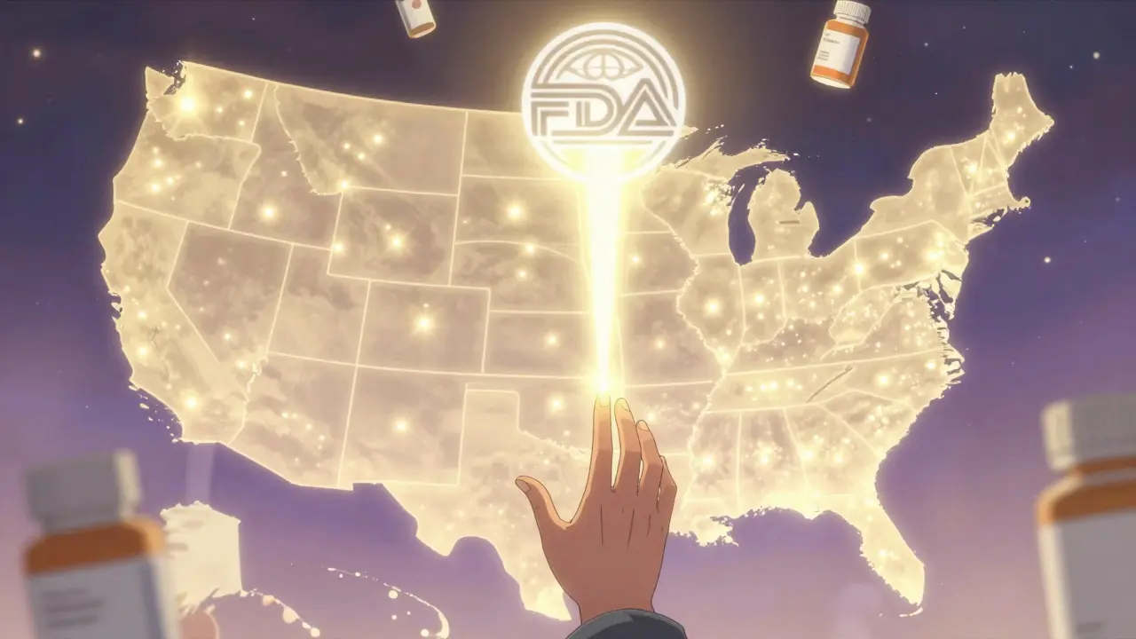 A map of the U.S. pulses with reports converging into a light beam toward the FDA emblem, symbolizing collective impact.