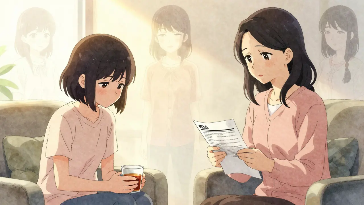 A mother and daughter sit in a therapist’s office, tension in their posture as a warning letter lies between them.