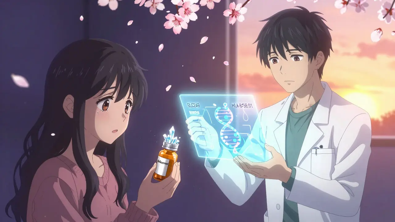A patient holds a pill bottle as crystals dissolve into light, with a genetic map floating nearby and cherry blossoms falling.