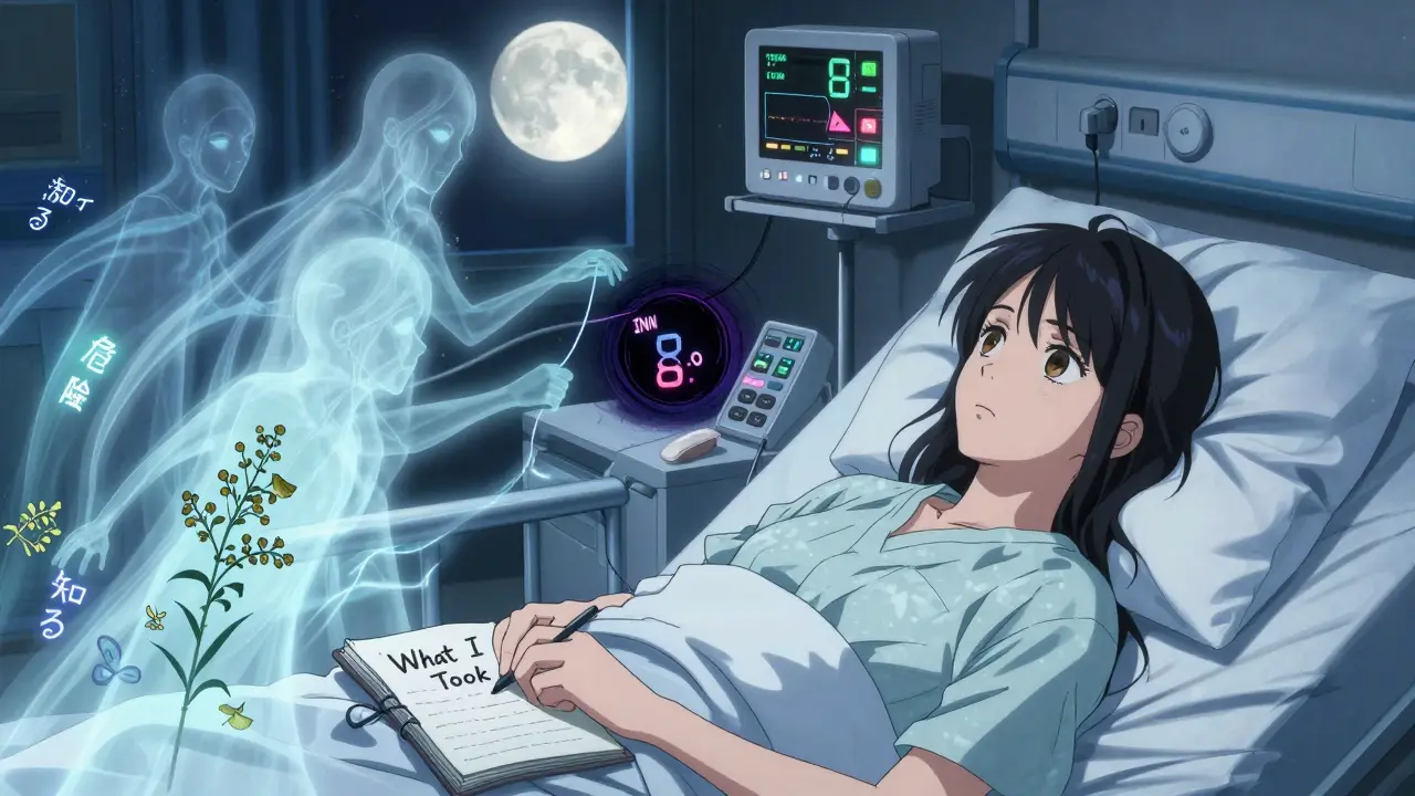 A patient in a hospital bed is surrounded by ghostly supplement spirits as medical monitors flash danger signals.