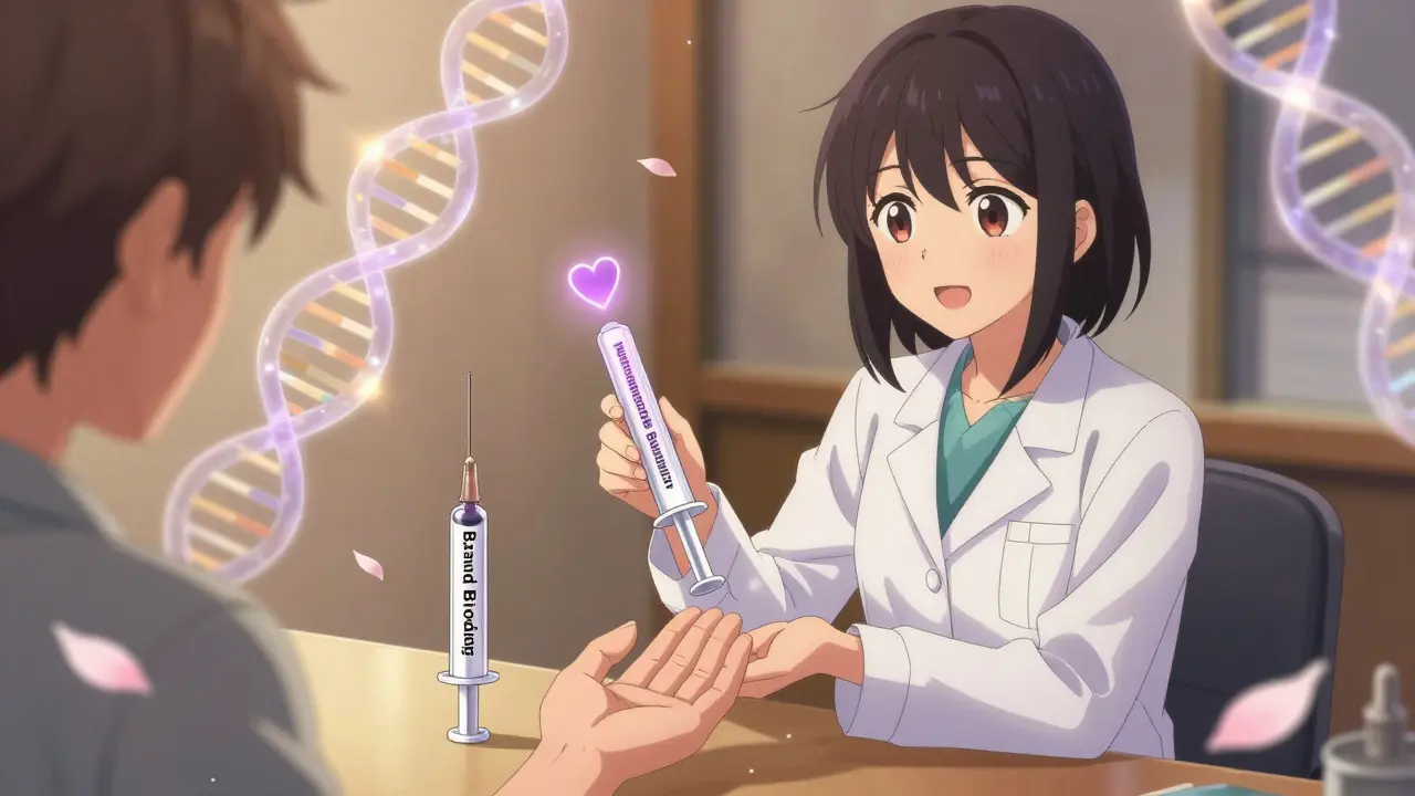 A pharmacist handing a patient an interchangeable biosimilar syringe, with delicate protein chains floating nearby.