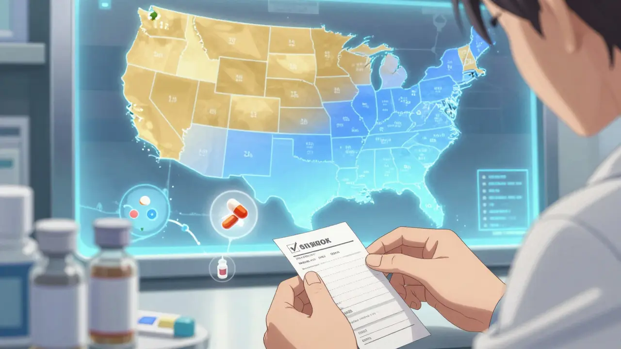 A pharmacist sorts medications as a color-coded map of U.S. substitution laws glows behind them, with drug icons floating nearby.